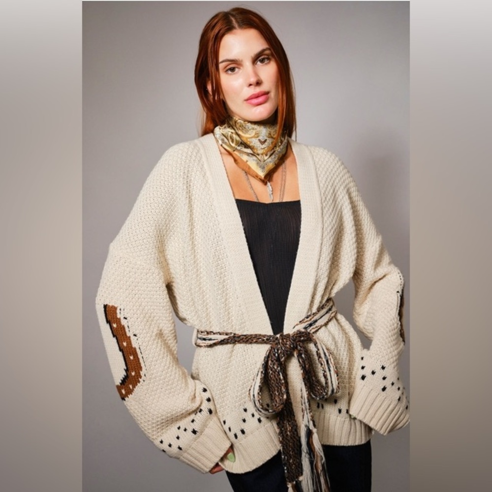 Western Horse & Horseshoe Belted Cardigan Sweater - Blue B